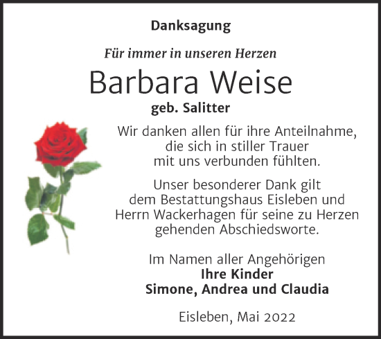 Traueranzeige von Barbara Weise von Trauerkombi Mansfelder Land