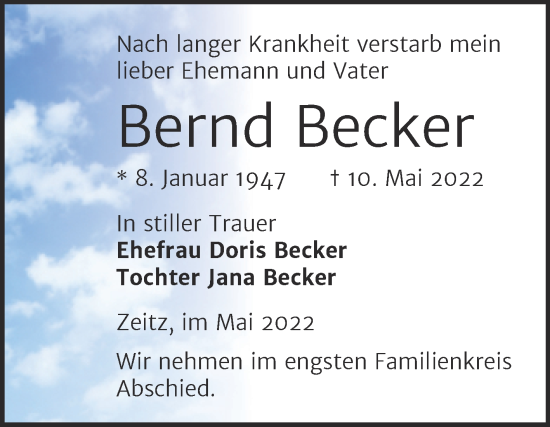 Traueranzeige von Bernd Becker von Trauerkombi Zeitz