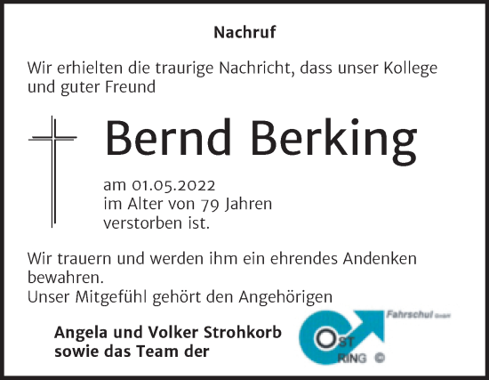 Traueranzeige von Bernd Berking von Super Sonntag Aschersleben