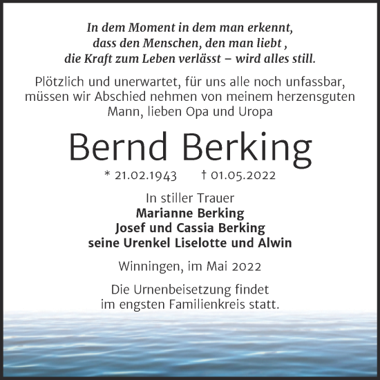 Traueranzeige von Bernd Berking von Trauerkombi Aschersleben