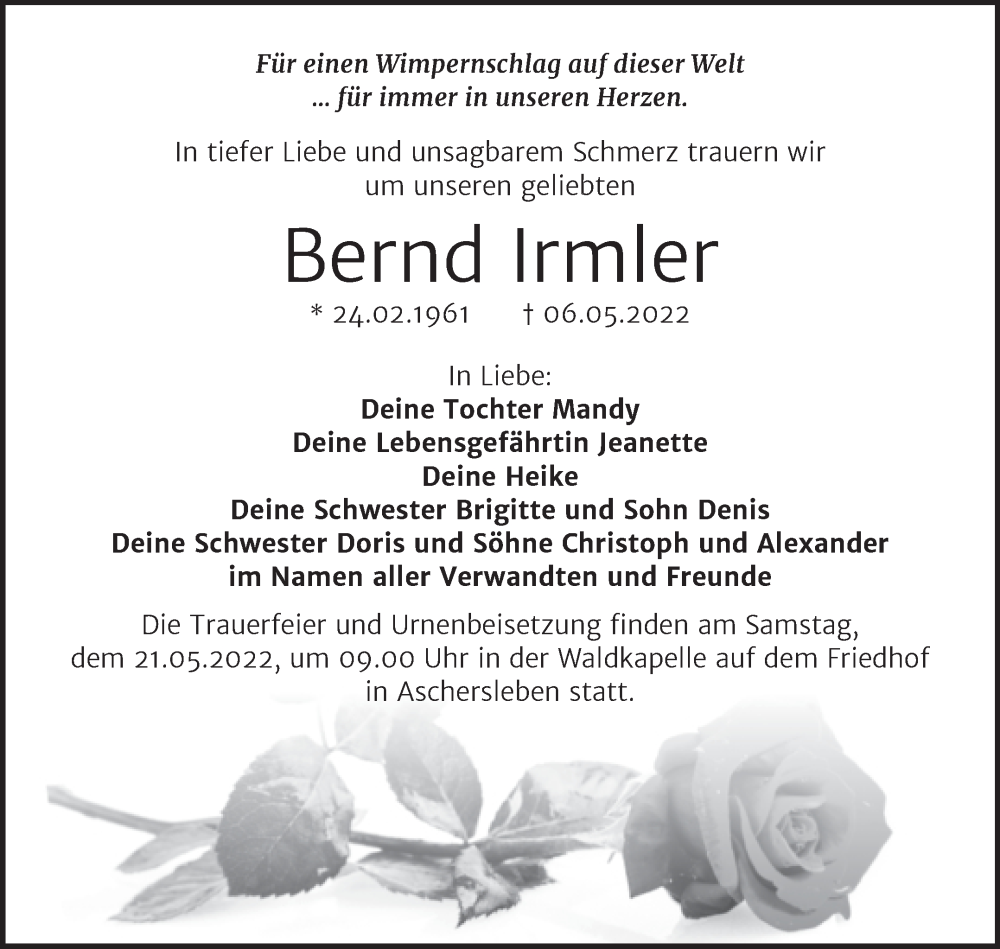  Traueranzeige für Bernd Irmler vom 14.05.2022 aus Trauerkombi Aschersleben