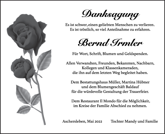Traueranzeige von Bernd Irmler von Mitteldeutsche Zeitung Aschersleben