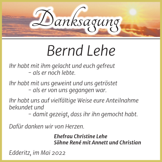 Traueranzeige von Bernd Lehe von Trauerkombi Köthen