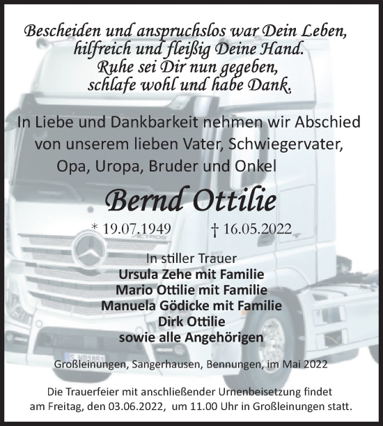 Traueranzeige von Bernd Ottilie von Trauerkombi Sangerhausen
