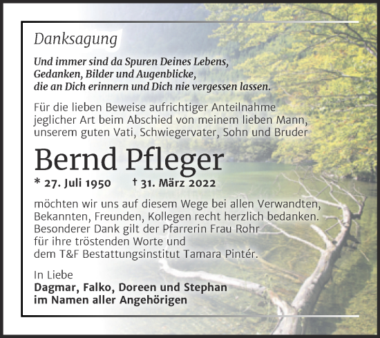 Traueranzeige von Bernd Pfleger von Trauerkombi Weißenfels