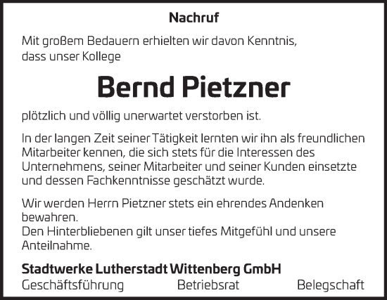 Traueranzeige von Bernd Pietzner von Super Sonntag Wittenberg