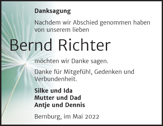 Traueranzeige von Bernd Richter von Trauerkombi Bernburg