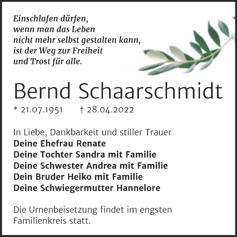  Traueranzeige für Bernd Schaarschmidt vom 07.05.2022 aus Trauerkombi Bitterfeld