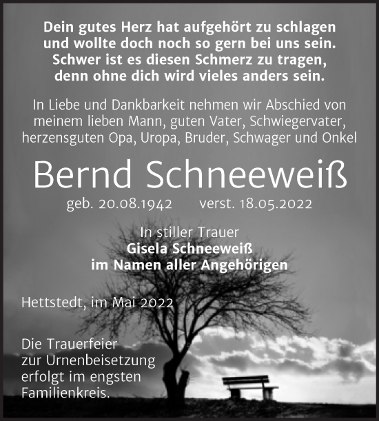 Traueranzeige von Bernd Schneeweiß von Trauerkombi Mansfelder Land