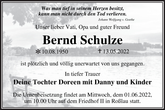 Traueranzeige von Bernd Schulze von Trauerkombi Dessau