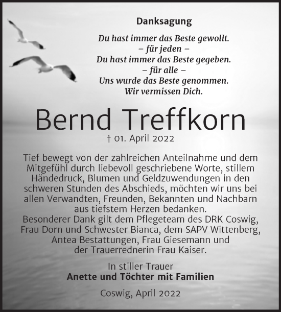 Traueranzeige von Bernd Treffkorn von Trauerkombi Wittenberg