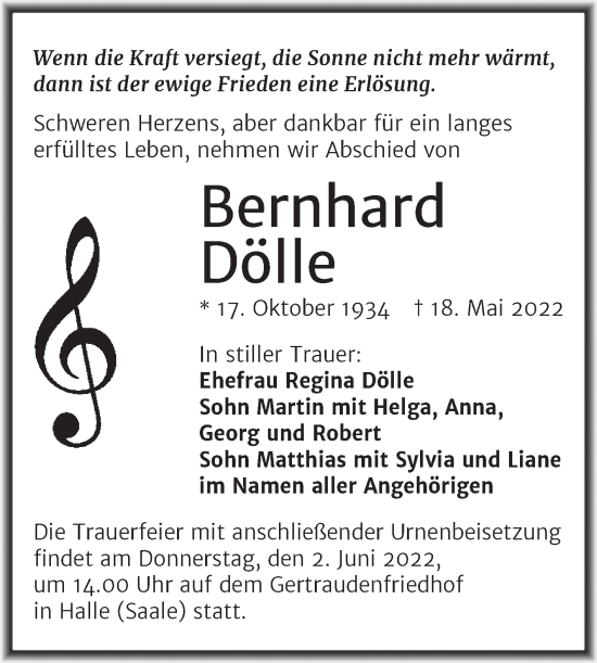 Traueranzeige von Bernhard Dölle von Mitteldeutsche Zeitung Halle/Saalkreis