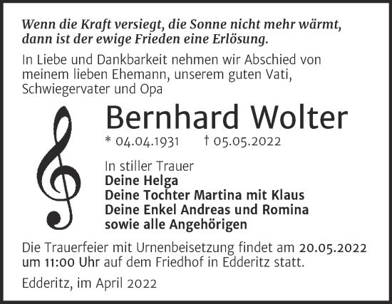 Traueranzeige von Bernhard Wolter von Trauerkombi Köthen