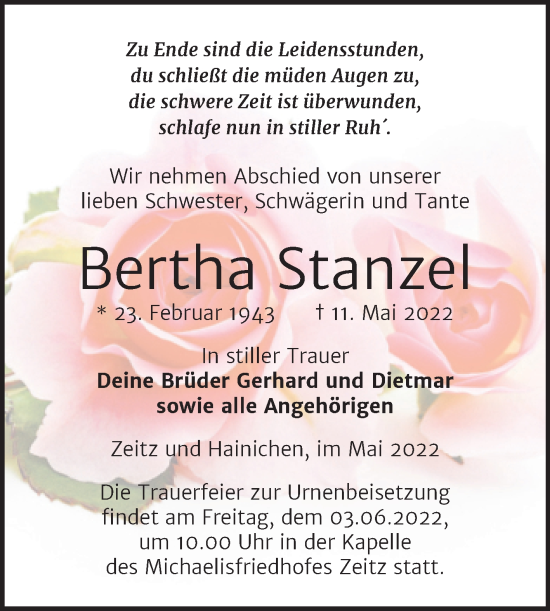 Traueranzeige von Bertha Stanzel von Trauerkombi Zeitz