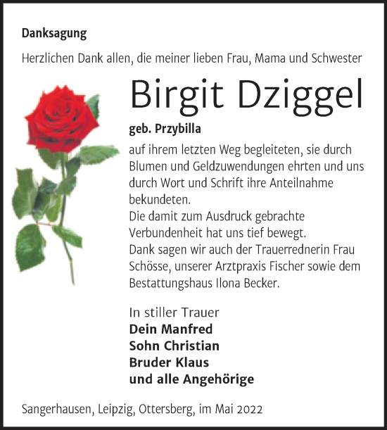 Traueranzeige von Birgit Dziggel von Trauerkombi Sangerhausen