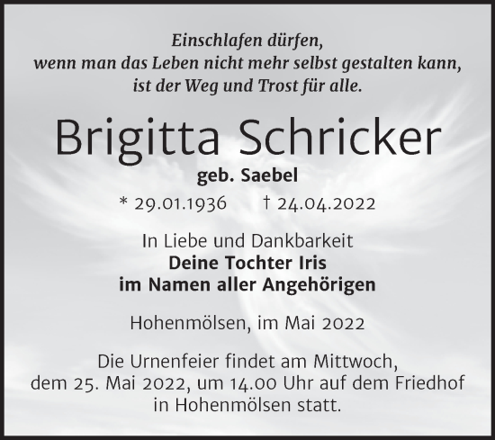 Traueranzeige von Brigitta Schricker von Trauerkombi Weißenfels
