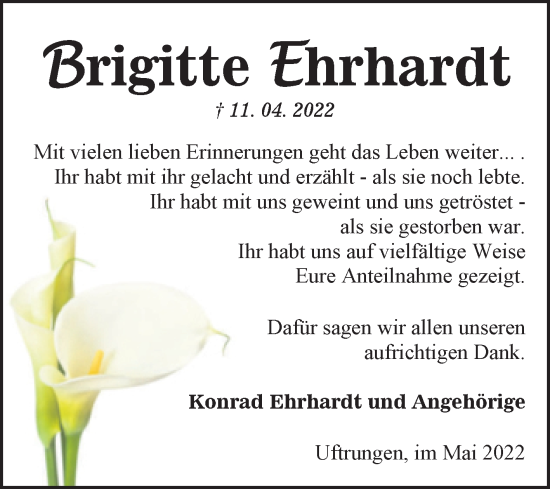 Traueranzeige von Brigitte Ehrhardt von Trauerkombi Sangerhausen