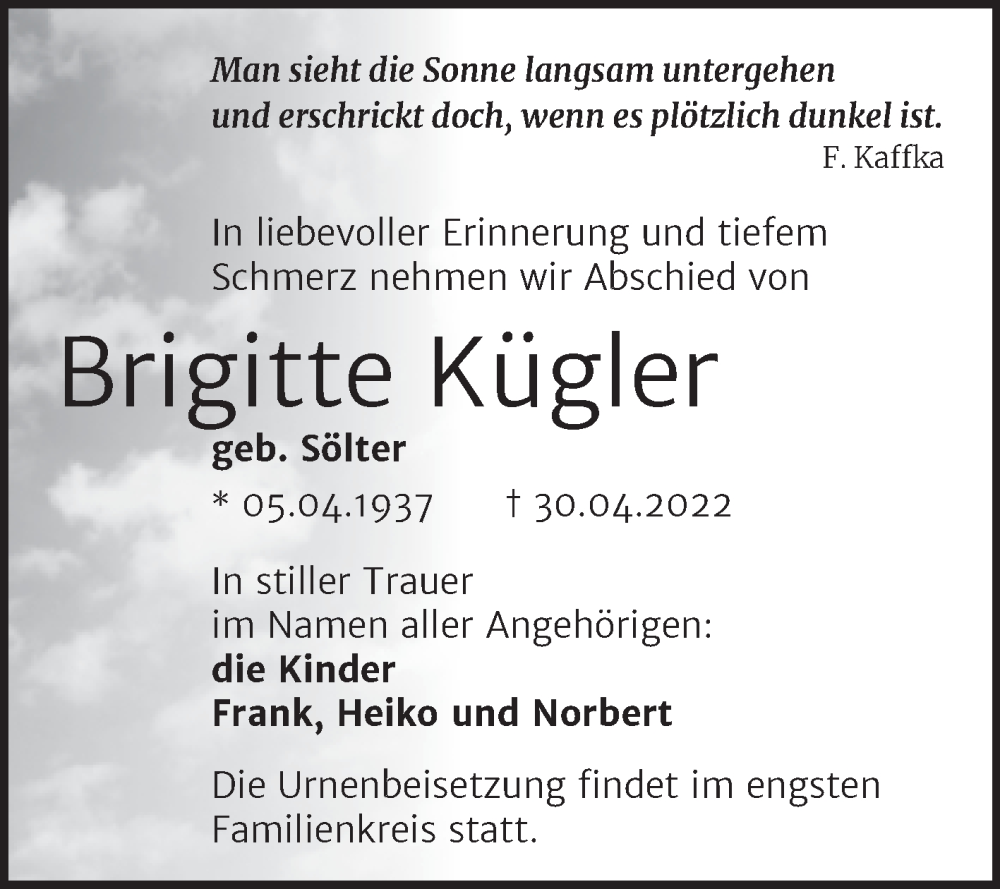  Traueranzeige für Brigitte Kügler vom 07.05.2022 aus Trauerkombi Quedlinburg
