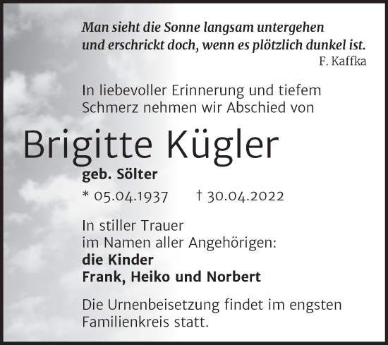 Traueranzeige von Brigitte Kügler von Trauerkombi Quedlinburg