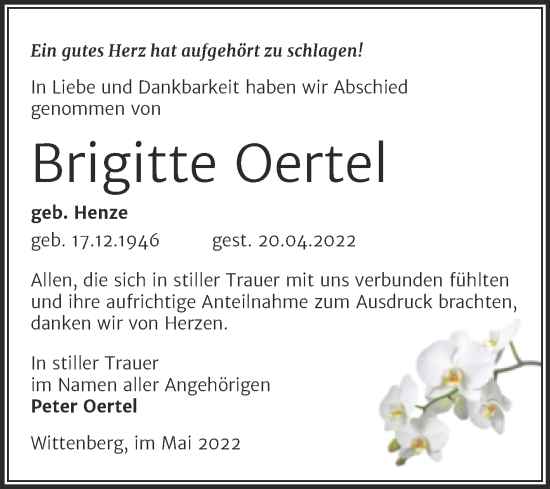 Traueranzeige von Brigitte Oertel von Trauerkombi Wittenberg