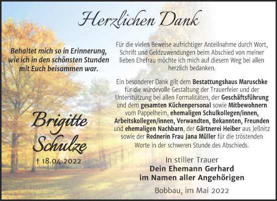 Traueranzeige von Brigitte Schulze von Trauerkombi Bitterfeld