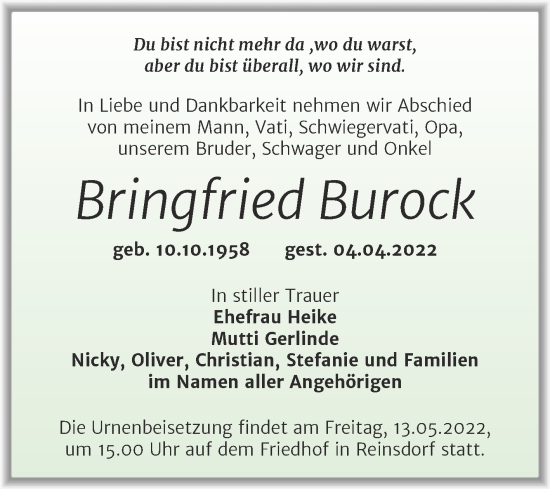 Traueranzeige von Bringfried Burock von Super Sonntag Naumburg/Nebra