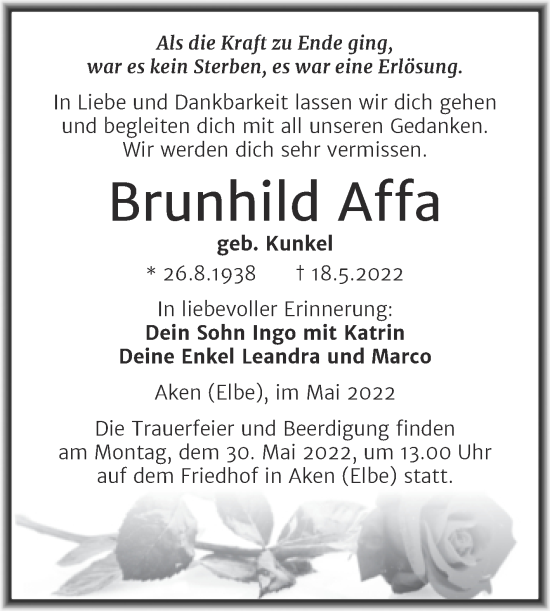 Traueranzeige von Brunhild Affa von Trauerkombi Köthen