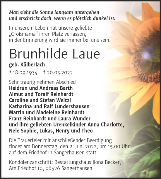 Traueranzeige von Brunhilde Laue von Trauerkombi Sangerhausen