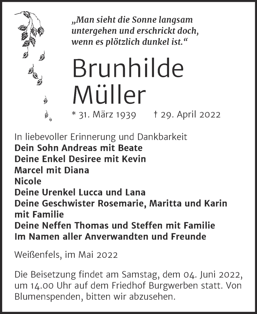 Traueranzeige für Brunhilde Müller vom 07.05.2022 aus Trauerkombi Weißenfels