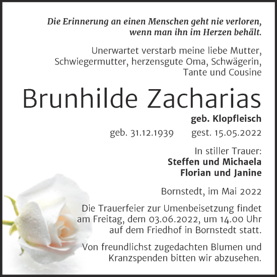 Traueranzeige von Brunhilde Zacharias von Trauerkombi Mansfelder Land