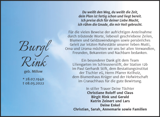 Traueranzeige von Burgl Rink von Trauerkombi Wittenberg