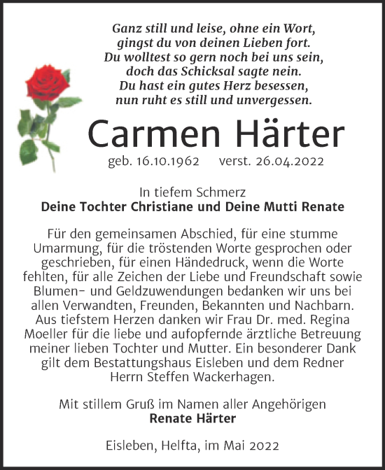 Traueranzeige von Carmen Härter von Trauerkombi Mansfelder Land
