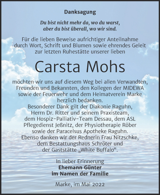 Traueranzeige von Carsta Mohs von Trauerkombi Bitterfeld