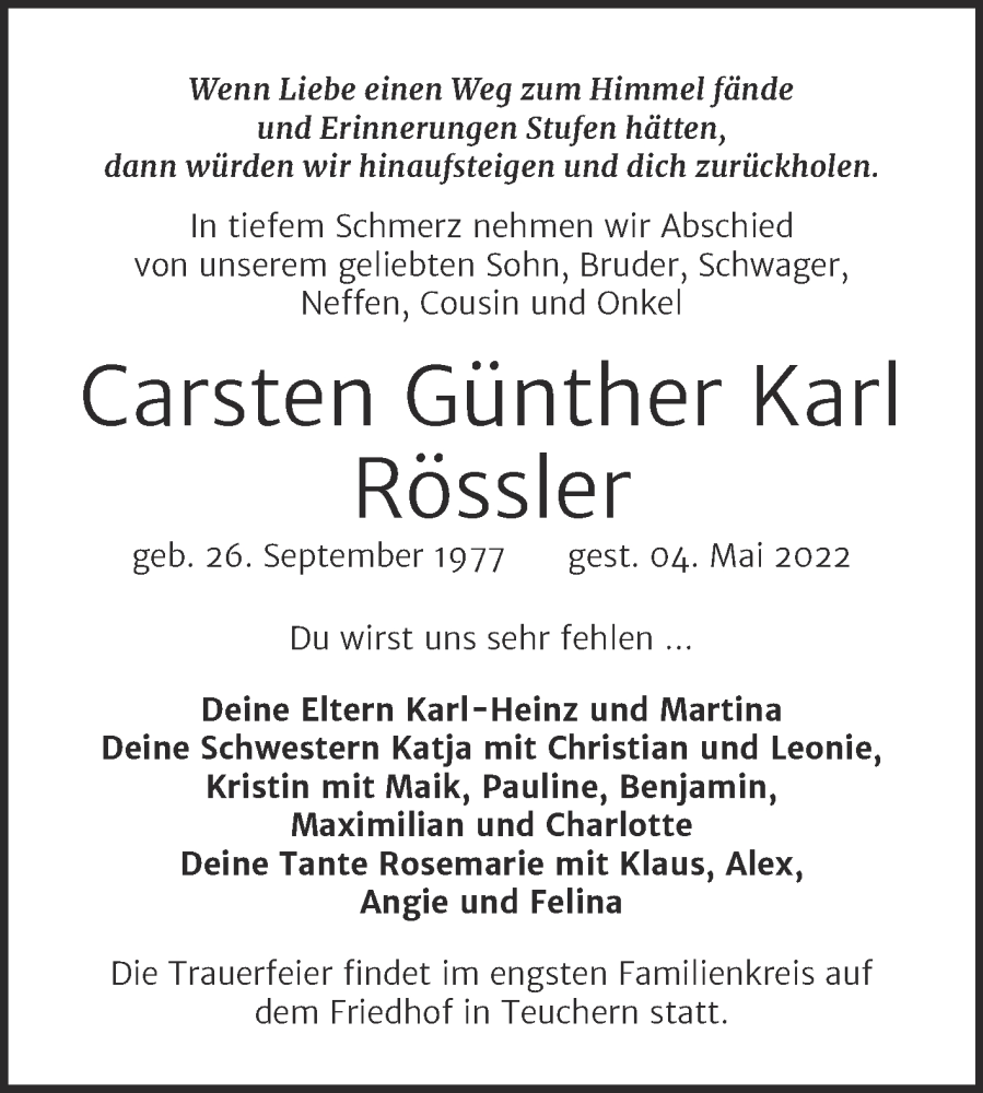  Traueranzeige für Carsten Günther Karl Rössler vom 14.05.2022 aus Trauerkombi Weißenfels