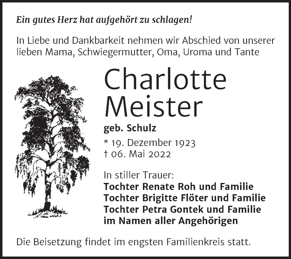  Traueranzeige für Charlotte Meister vom 14.05.2022 aus Trauerkombi Wittenberg