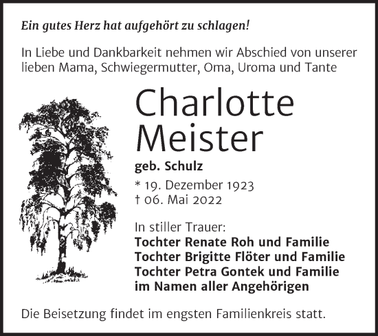 Traueranzeige von Charlotte Meister von Trauerkombi Wittenberg