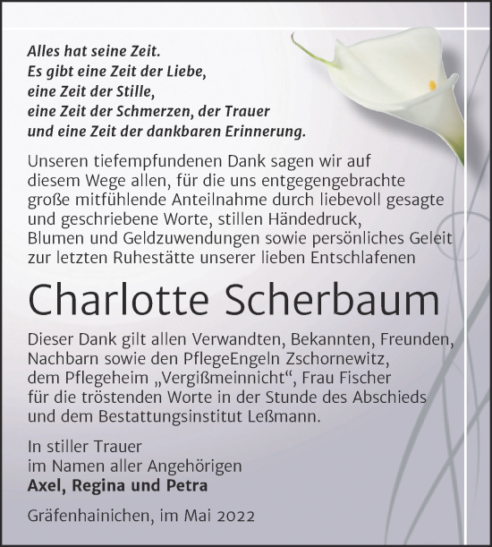 Traueranzeige von Charlotte Scherbaum von Trauerkombi Wittenberg