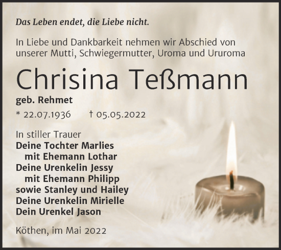 Traueranzeige von Chrisina Teßmann von Mitteldeutsche Zeitung Köthen