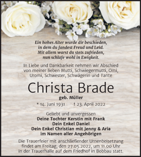 Traueranzeige von Christa Brade von Trauerkombi Bitterfeld