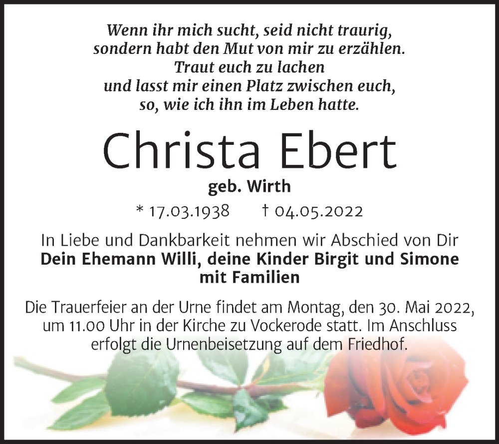  Traueranzeige für Christa Ebert vom 14.05.2022 aus Trauerkombi Wittenberg