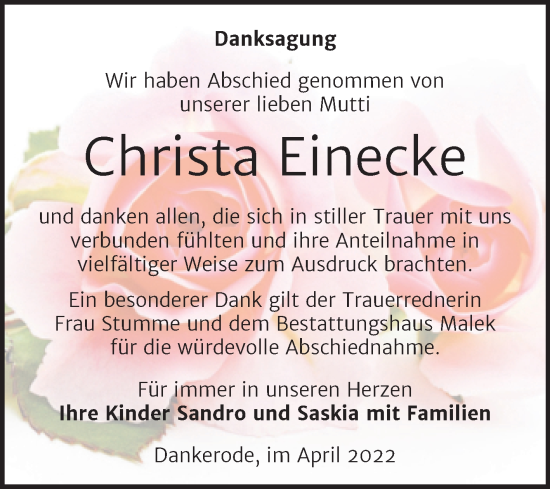 Traueranzeige von Christa Einecke von Trauerkombi Quedlinburg