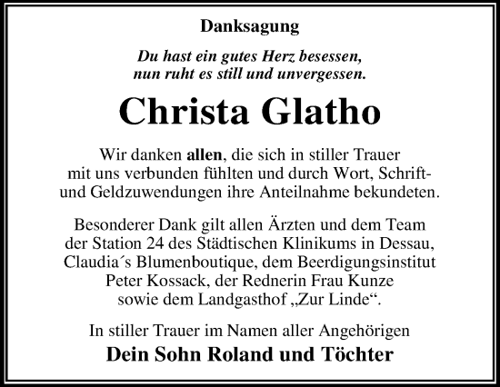 Traueranzeige von Christa Glatho von Trauerkombi Dessau