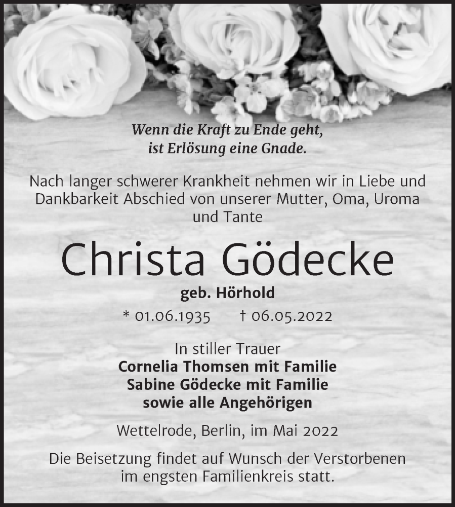  Traueranzeige für Christa Gödecke vom 14.05.2022 aus Trauerkombi Sangerhausen