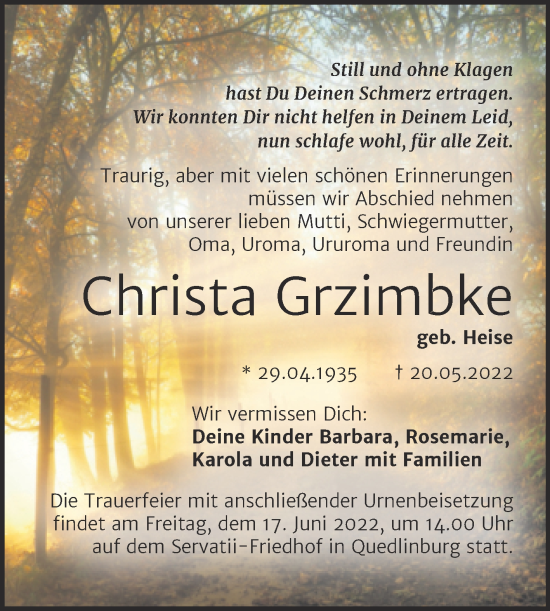 Traueranzeige von Christa Grzimbke von Trauerkombi Quedlinburg