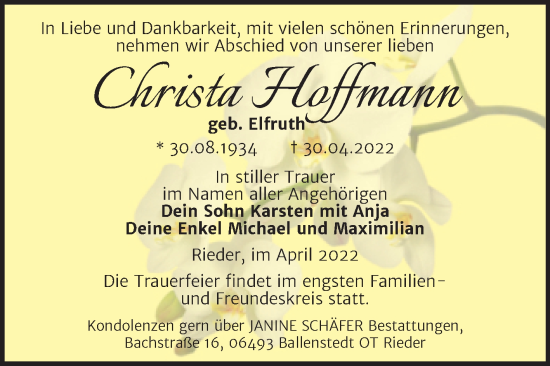 Traueranzeige von Christa Hoffmann von Trauerkombi Quedlinburg