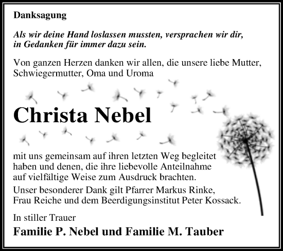 Traueranzeige von Christa Nebel von Trauerkombi Wittenberg