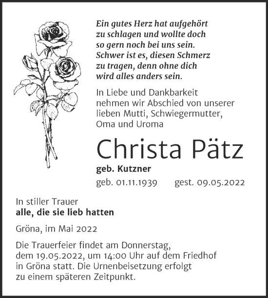 Traueranzeige von Christa Pätz von Trauerkombi Bernburg