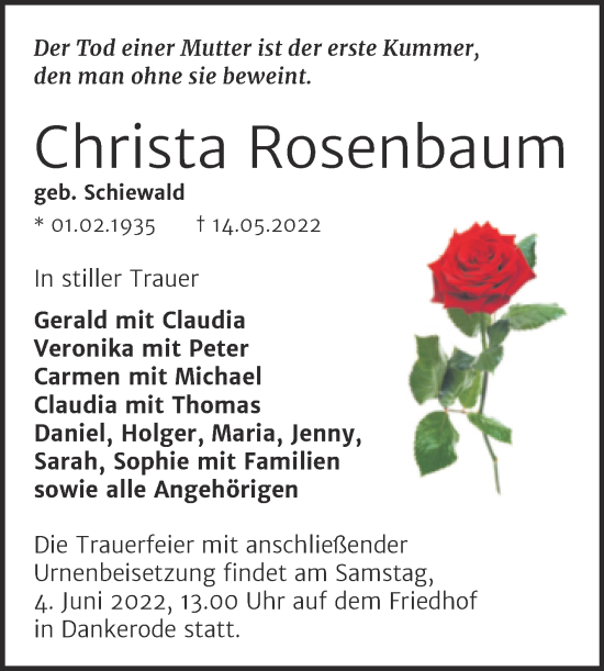 Traueranzeige von Christa Rosenbaum von Trauerkombi Quedlinburg