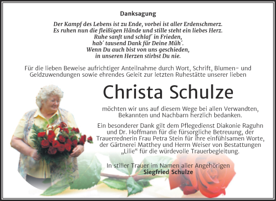 Traueranzeige von Christa Schulze von Trauerkombi Bitterfeld