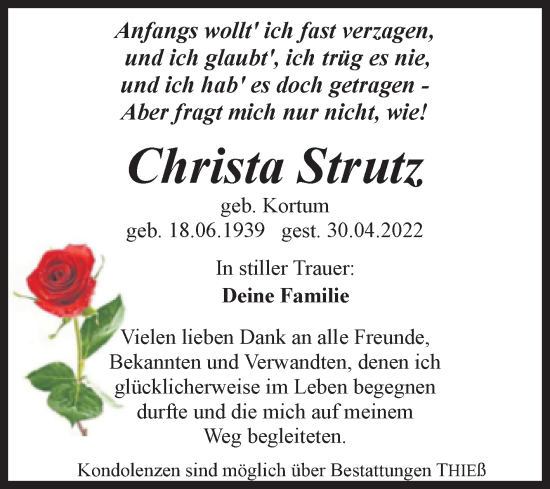 Traueranzeige von Christa Strutz von Trauerkombi Quedlinburg